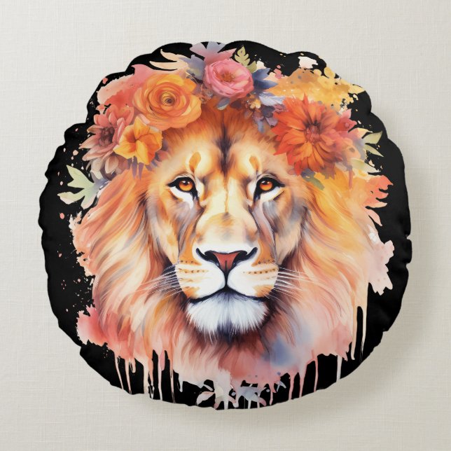 Lion Pastel Flowers Safari Watercolor Savannah Cat Round Pillow (Front)