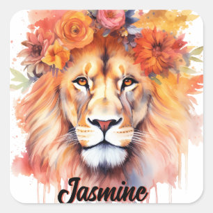 Lion Pastel Flowers Safari Watercolor Savannah Cat Square Sticker
