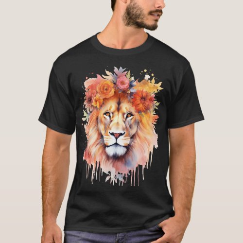 Lion Pastel Flowers Safari Watercolor Savannah Cat T_Shirt