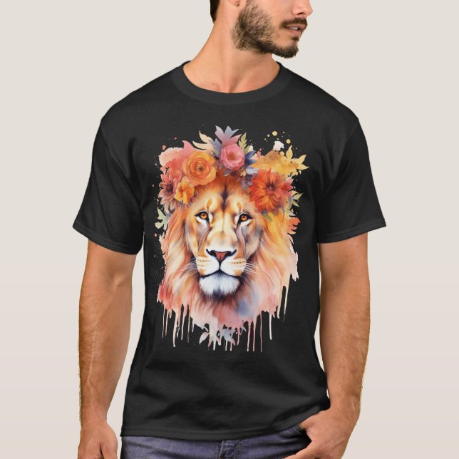 Lion Pastel Flowers Safari Watercolor Savannah Cat T-Shirt (Front)