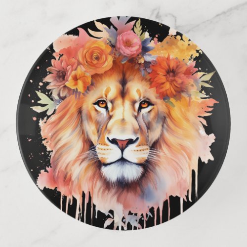 Lion Pastel Flowers Safari Watercolor Savannah Cat Trinket Tray