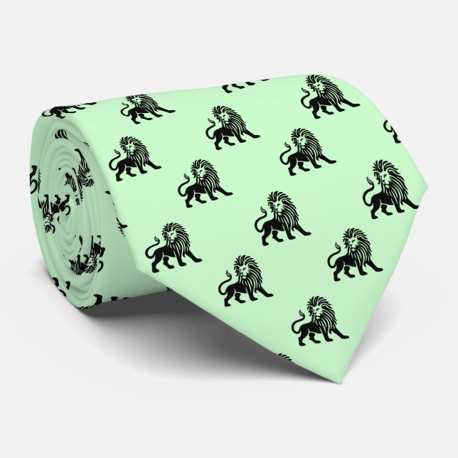 Lion Pattern - Black on Ghost Green Neck Tie (Rolled)