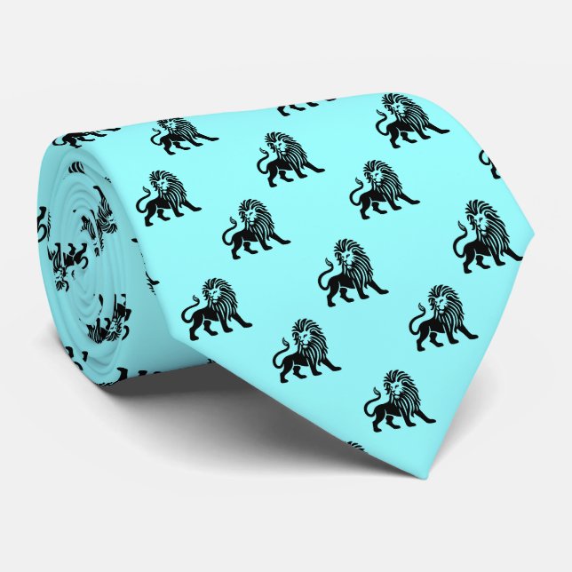 Lion Pattern - Black on Ice Blue Neck Tie (Rolled)