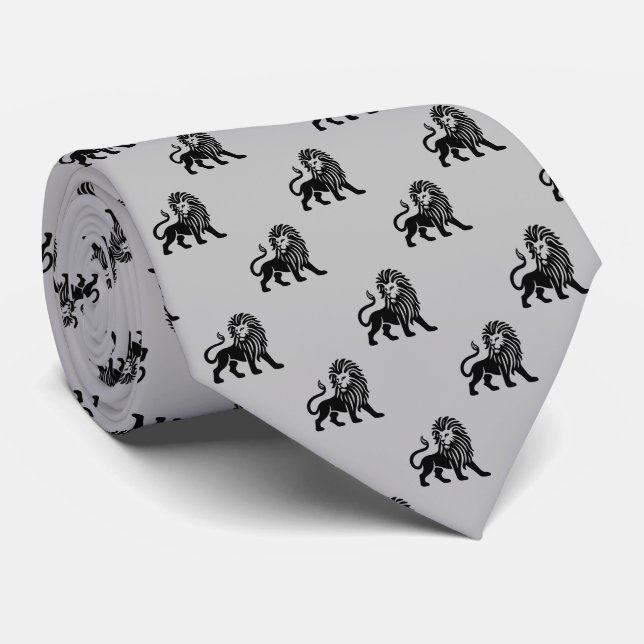 Lion Pattern - Black on Light Gray Neck Tie (Rolled)