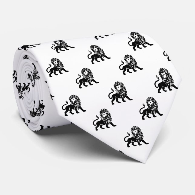 Lion Pattern - Black on White Neck Tie (Rolled)