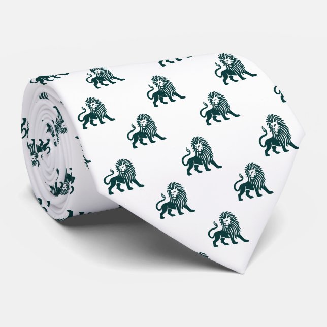 Lion Pattern - Dark Green on White Neck Tie (Rolled)