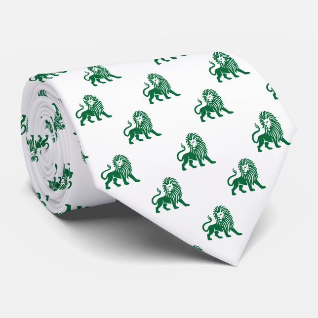 Lion Pattern - Forest Green on White Neck Tie (Rolled)