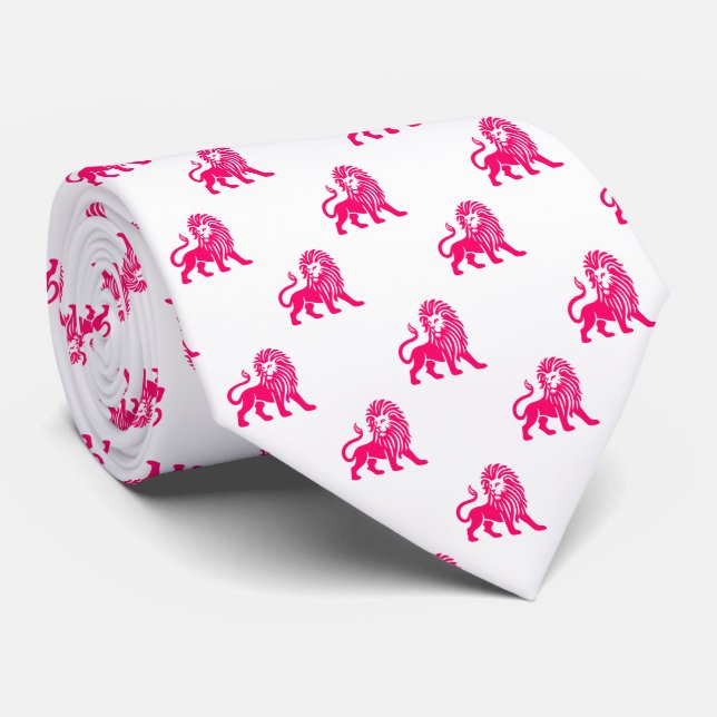 Lion Pattern - Neon Red on White Neck Tie (Rolled)