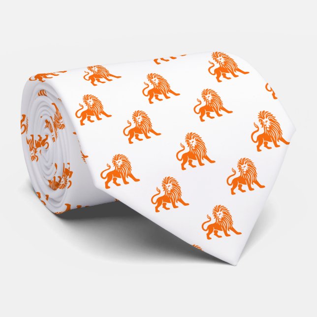 Lion Pattern - Orange on White Neck Tie (Rolled)