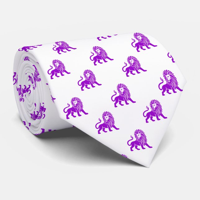Lion Pattern - Purple on White Neck Tie (Rolled)