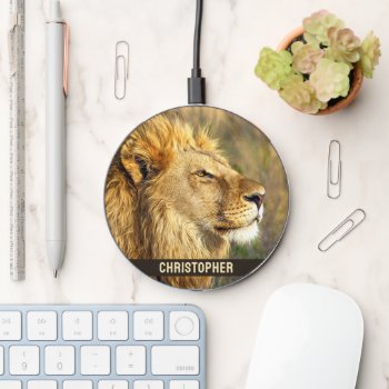 Lion Photo Image Add Name Wireless Charger by ironydesignphotos at Zazzle