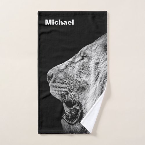 Lion Photo in Black and White Personalized Name Hand Towel