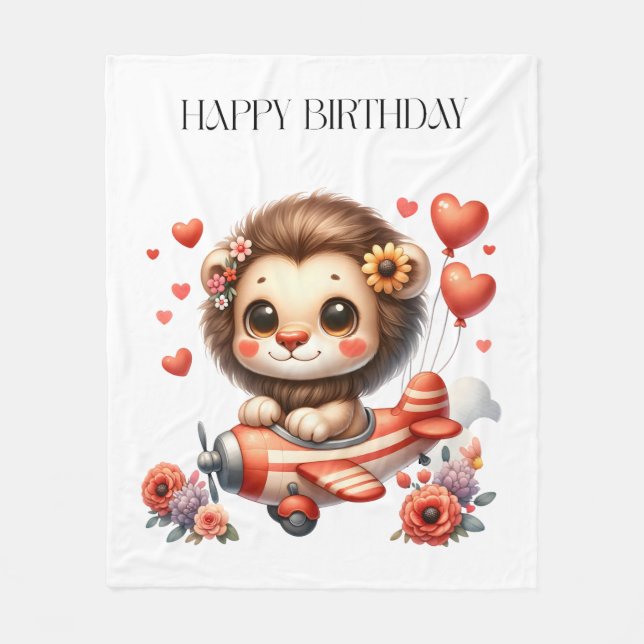 Lion Pilot Birthday Fleece Blanket (Front)