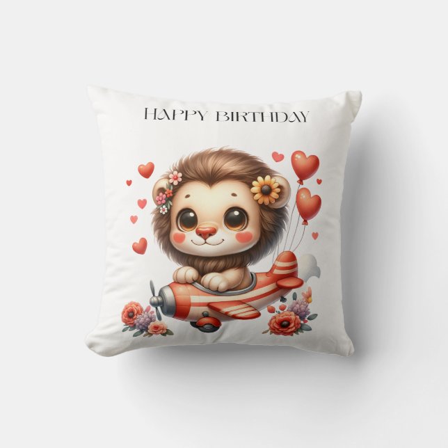 Lion Pilot Birthday Throw Pillow (Front)