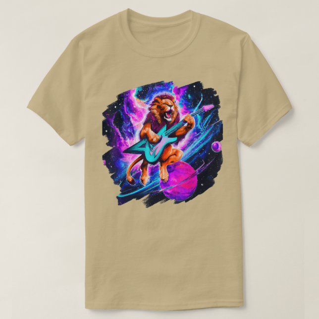 Lion Playing Guitar in Space Outer Space Music Lio T-Shirt (Design Front)