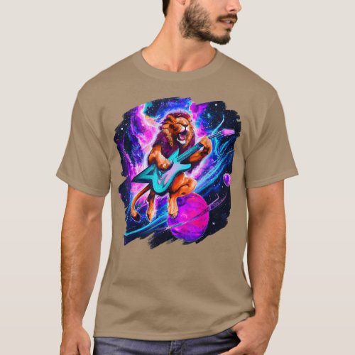Lion Playing Guitar in Space Outer Space Music Lio T_Shirt