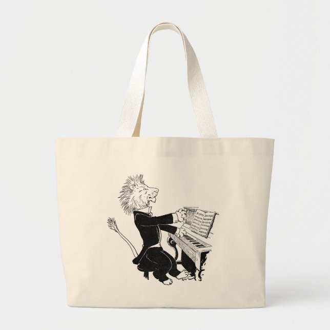 Lion Playing Piano Antique Louis Wain Drawing Large Tote Bag (Front)