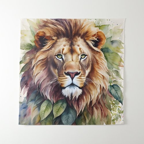 Lion Portrait Botanical Watercolor Tapestry