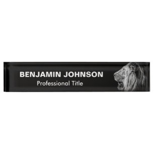 Lion Portrait on Black Desk Name Plate
