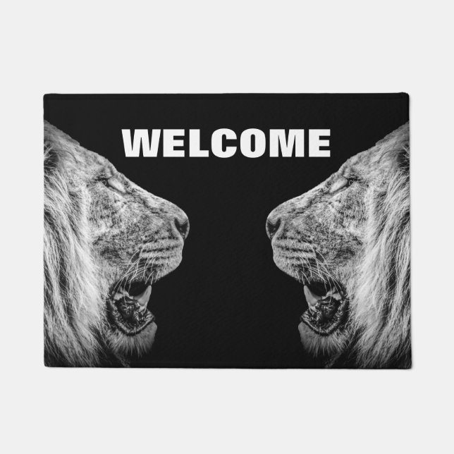 Lion Portraits on Black Welcome Doormat (Front)