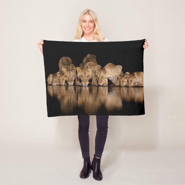 Lion Pride Drinks at the Water Hole at Night Fleece Blanket (In Situ)
