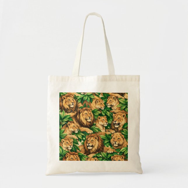 Lion Pride in Lush Jungle Foliage Pattern Tote Bag (Front)