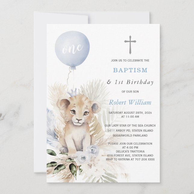 Lion Prince First Birthday and Baptism Invitation (Front)