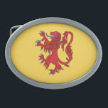 Lion Rampant Gules Oval Belt Buckle<br><div class="desc">This design by Richard H. Fay features a lion rampant gules,  a heraldic red lion depicted in profile rearing up on its hind legs,  ready to stave off all attackers. A lion of this type appears on the Scottish royal arms.</div>