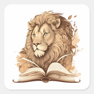 Lion Reading Book, Wild About Reading Square Sticker