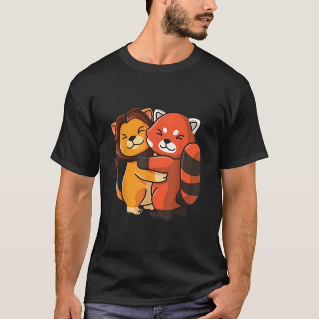 Lion Red Panda Hugging Kawaii Animal T-Shirt (Front)