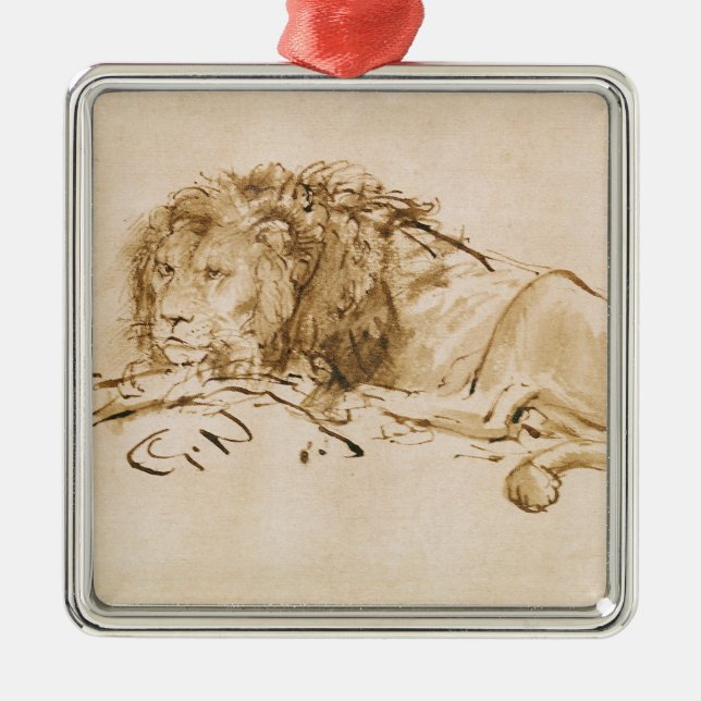Lion Resting (pen and ink on paper) Metal Ornament (Front)