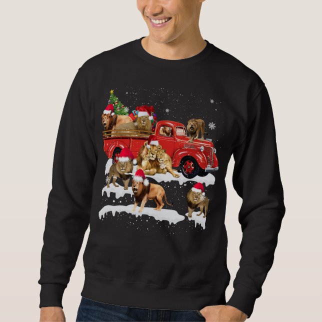 Lion Riding Red Truck Merry Christmas X-mas Ugly G Sweatshirt (Front)