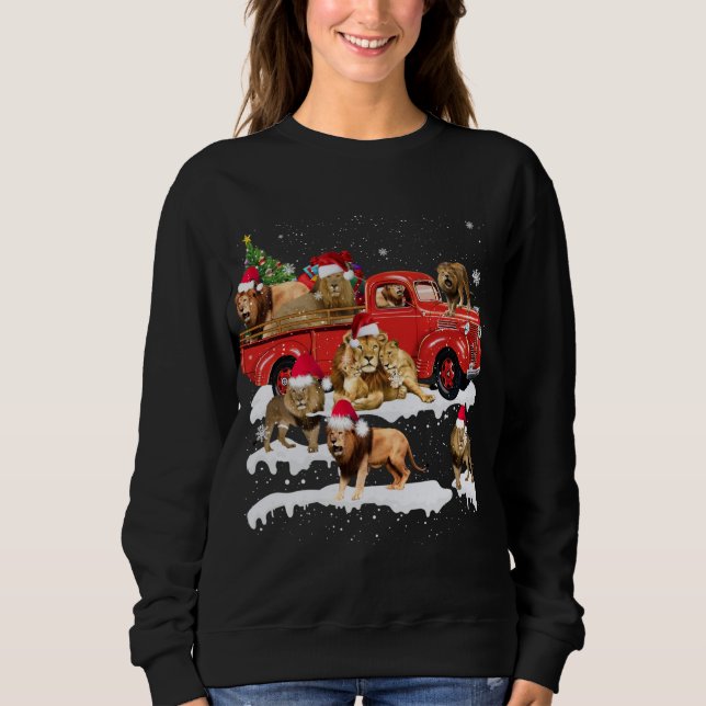 Lion Riding Red Truck Merry Christmas X-mas Ugly G Sweatshirt (Front)