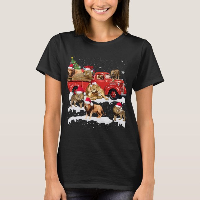 Lion Riding Red Truck Merry Christmas X-mas Ugly G T-Shirt (Front)