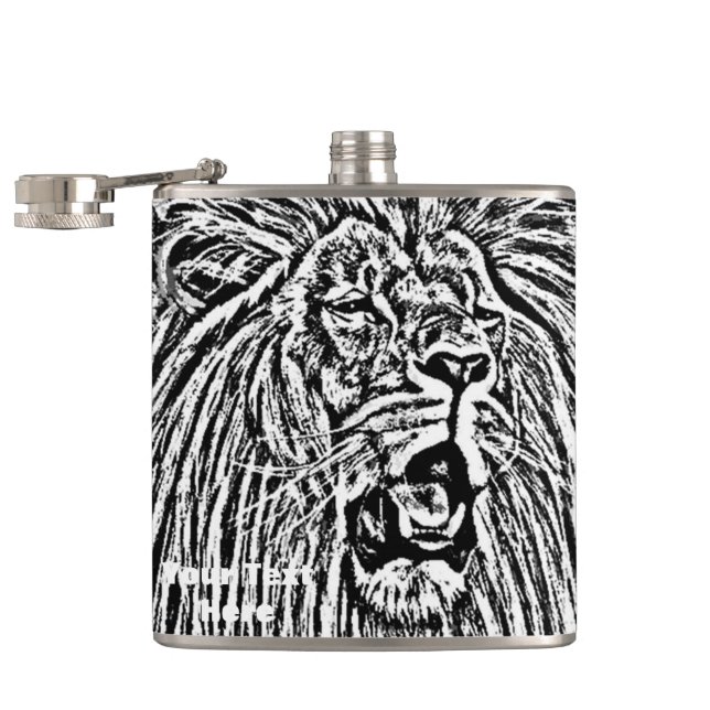 lion roaring big cat wildlife black and white art flask (Opened)
