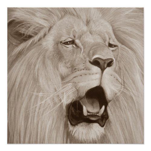 lion roaring big cat wildlife realist art poster
