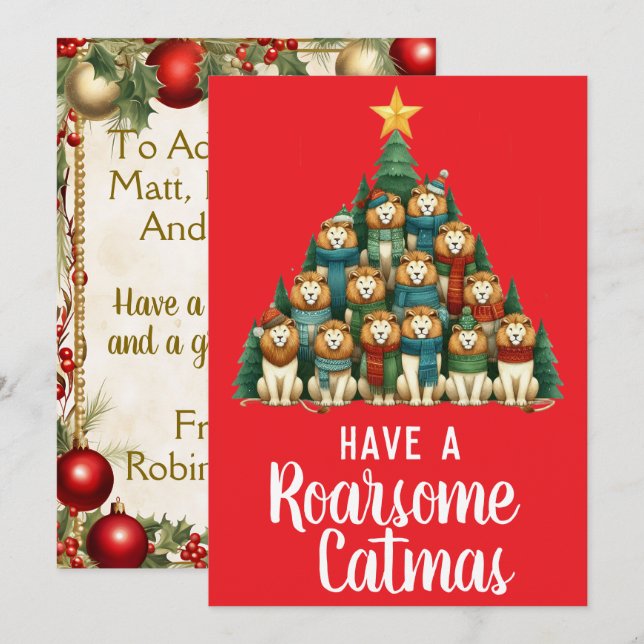 Lion Roarsome Catmas Christmas Tree Holiday Card (Front/Back)