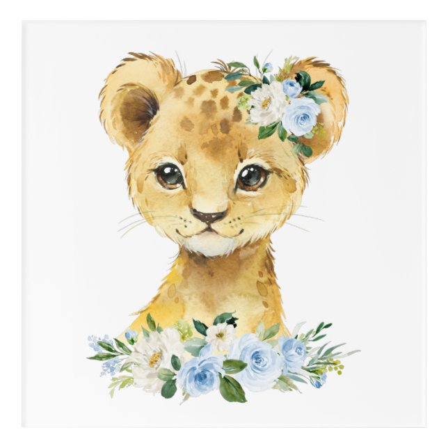 Lion, Safari, Jungle, Blue Flowers, Boy Nursery Acrylic Print (Front)