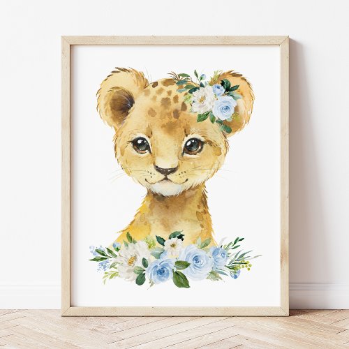 Lion Safari Jungle Blue Flowers Boy Nursery Poster