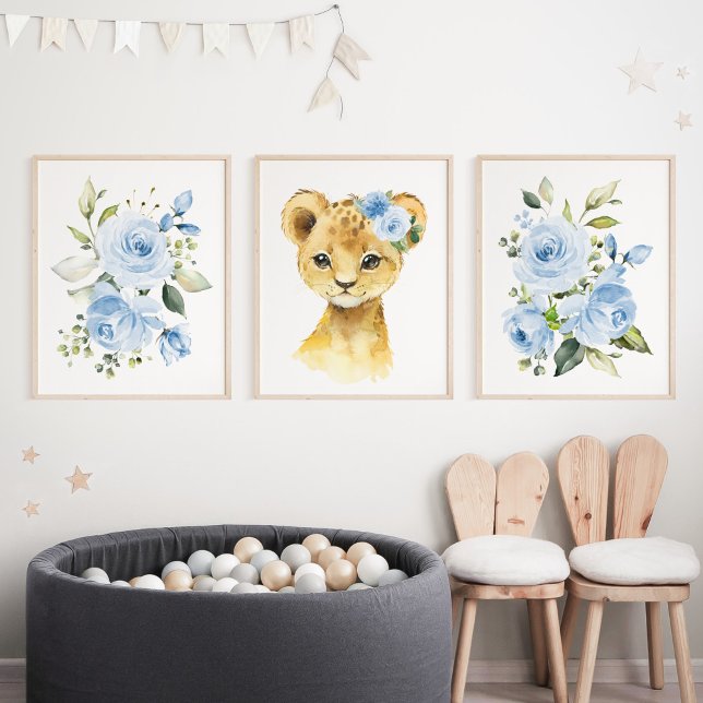 Lion, Safari, Jungle, Blue Flowers, Boy Nursery Wall Art Sets (Creator Uploaded)