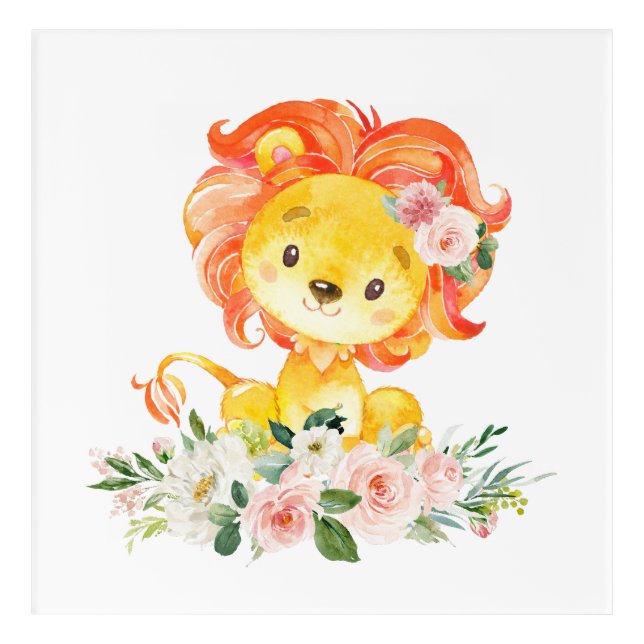 Lion, Safari, Jungle, Pink Flowers, Girl Nursery Acrylic Print (Front)