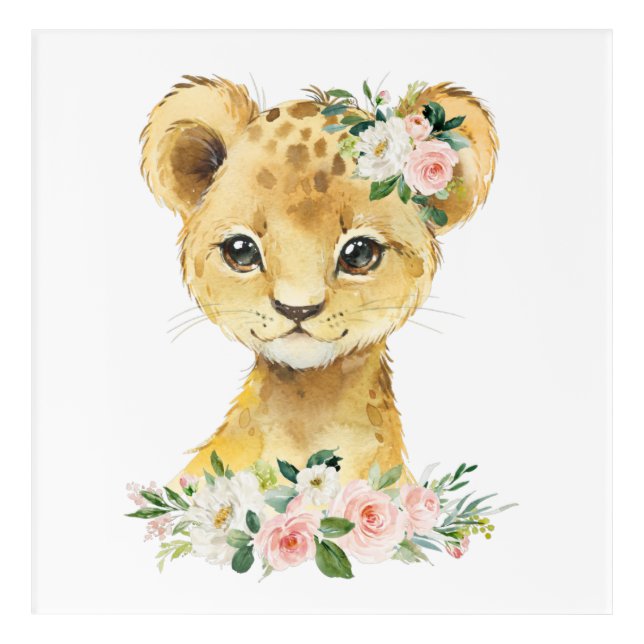Lion, Safari, Jungle, Pink Flowers, Girl Nursery Acrylic Print (Front)