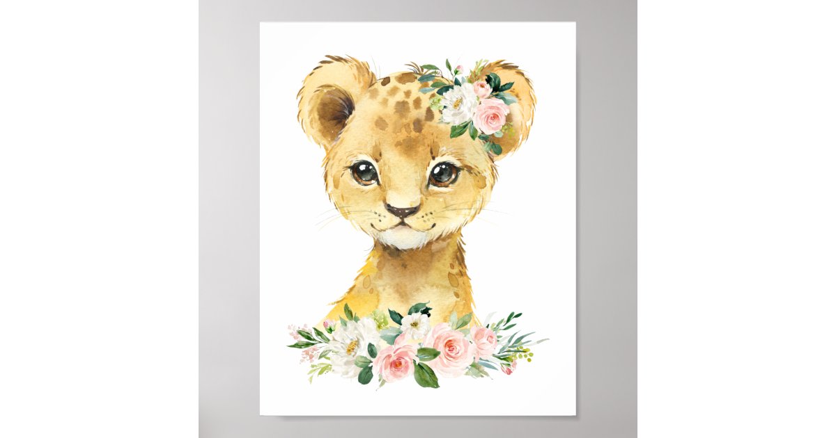 Lion, Safari, Jungle, Pink Flowers, Girl Nursery Poster | Zazzle
