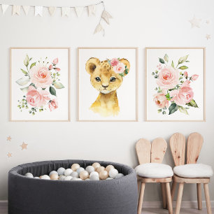 Lion, Safari, Jungle, Pink Flowers, Girl Nursery Wall Art Sets