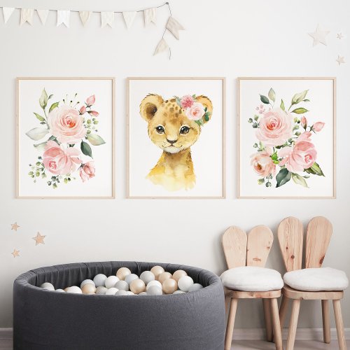 Lion Safari Jungle Pink Flowers Girl Nursery Wall Art Sets