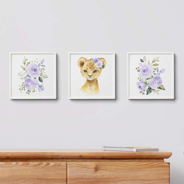 Lion, Safari, Purple Flowers, Gender Neutral Peel And Stick Photo Tile (Dresser)