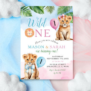 Lion Safari Twins with Bow Wild One Birthday Invitation