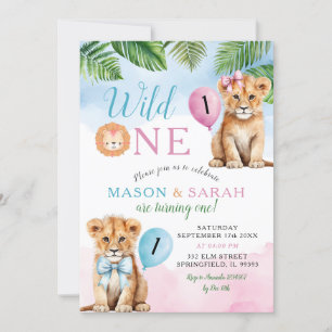 Lion Safari Twins with Bow Wild One Birthday Invitation