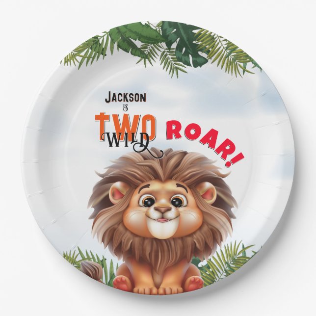 Lion Safari Two Wild Kids Birthday Paper Plates (Front)