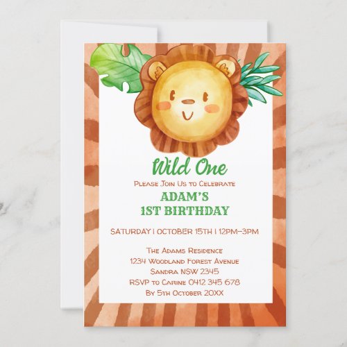 Lion safari wild one birthday invitation